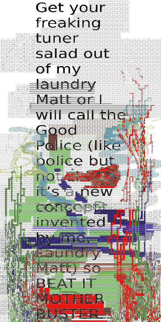 Get your freaking tuner salad out of my laundry Matt or I will call the Good Police (like police but not [obscured] it's a new concept invented by me, Laundry Matt) so BEAT IT MOTHER BUSTER